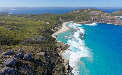 Aerial view of Isthmus Bay and Salmon Beach near Albany, Western Australia stock photo.